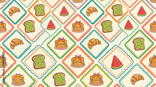 Cute breakfast food pattern with pancakes, croissants and cream background in a diamond grid layout. Perfect for cafe wallpaper and kitchen prints