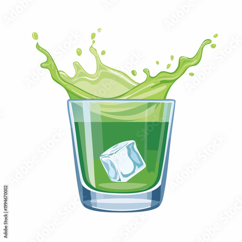 Green liquid splashing out of a glass with ice cube