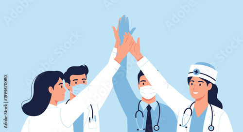 Medical team celebrating success with high five gesture.