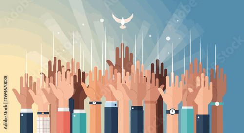 Diverse raised hands reaching towards sky with flying doves symbolizing unity and peace.