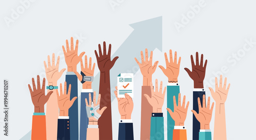 Diverse group of raised hands with voting ballots representing participation and democracy.