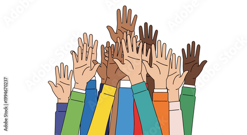 Diverse group of raised hands symbolizing unity and participation.