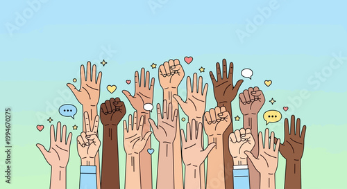 Diverse raised hands with fists showing unity and support in a social movement.