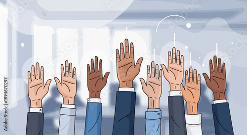 Diverse group of raised hands reaching upward in unity and support.