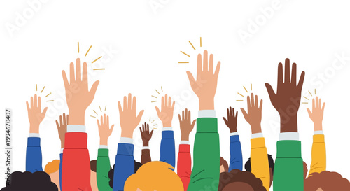 Diverse group of raised hands showing unity and participation.