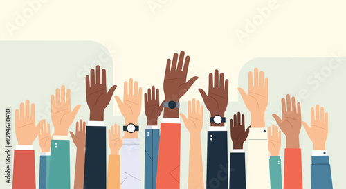 Diverse group of raised hands symbolizing unity and participation.