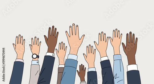 Diverse group of raised hands symbolizing unity and participation.