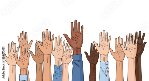 Diverse group of raised hands symbolizing unity and participation.