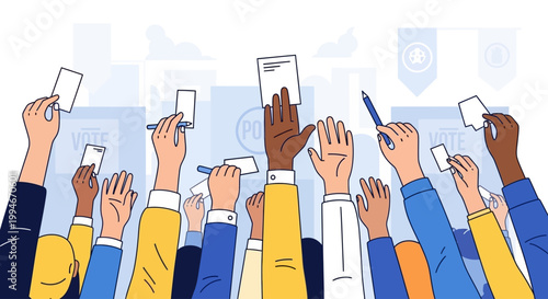 Diverse group of people raising hands with voting cards in a democratic election.