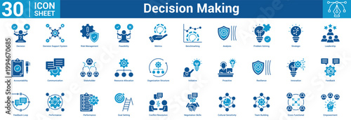 Decision Making icon set vector illustration concept for business with icon of Decision, Decision Support System, Risk Management, Feasibility, Metrics, Benchmarking, Analysis, Problem Solving.