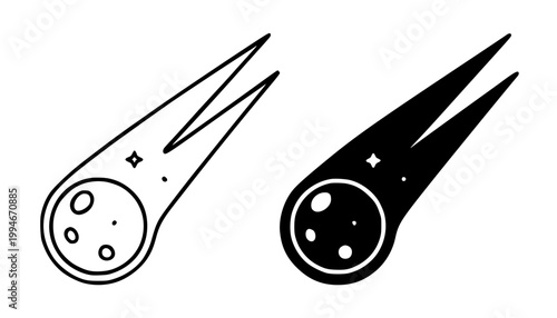 Comet minimalist icon, in outline and silhouette design