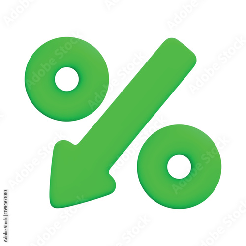 Vector cartoon 3d percent down symbol icon. Cute realistic green percentage downward arrow sign. Minimal 3d render rate sign, discount, financial fall.