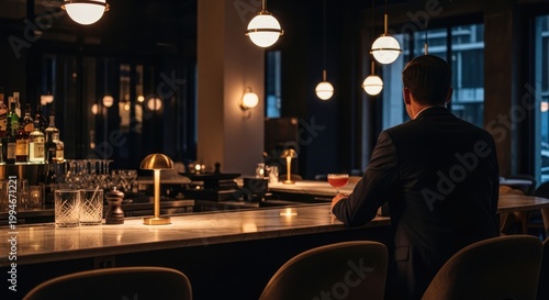 Businessman in suit sitting at luxury bar with cocktail