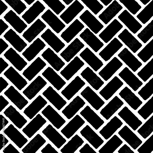 Abstract herringbone paving stones seamless patten. Vector zig zag paving blocks black texture background. Monochrome old subway stone print, grunge floor tile texture for web, decoration, cover.