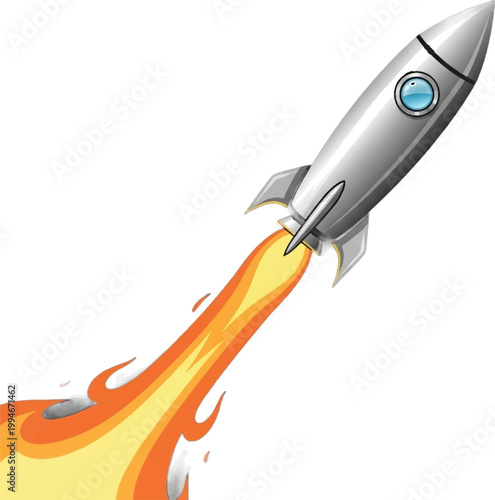 Rocket ship, silver rocket, blast off, space travel, vector icon