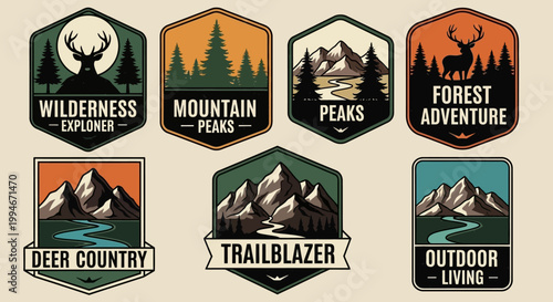 Vintage outdoor adventure badges and labels.