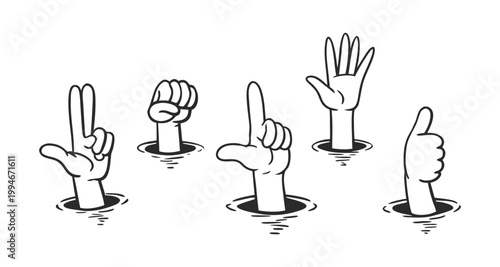 Cartoon Hand Gesture Collection Rising from Ground Holes Isolated Vector Represents strength, peace,leadership