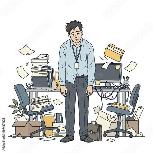 A disheveled office worker stands amidst a cluttered workspace with papers and office supplies scattered around him on two desks and two chairs in a cartoonish style with a messy and