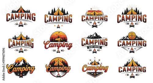 Collection of camping logo designs and badges.