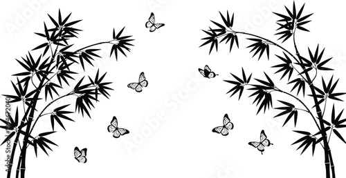 Elegant black and white vector illustration of bamboo branches with delicate butterflies fluttering amongst the leaves