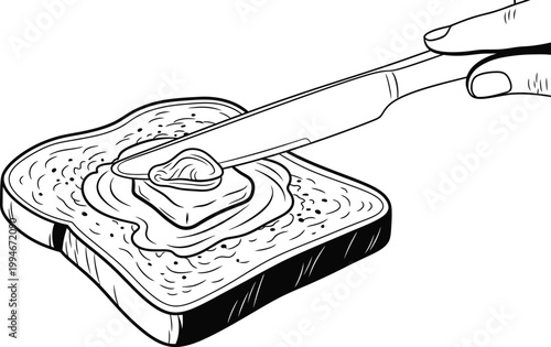 Detailed vector graphic illustration showing a human hand carefully spreading creamy butter onto a freshly toasted bread slice.