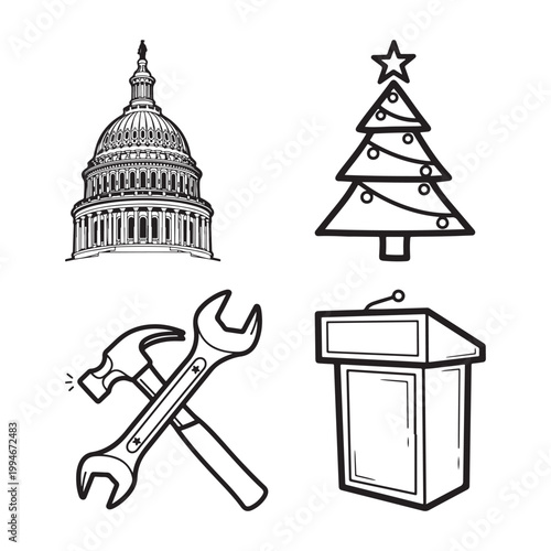 Black and white line drawing of four holiday themed images isolated on white background