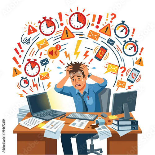 Cartoon illustration of a stressed businessman sitting at a desk with multiple computers and papers, surrounded by floating symbols and icons representing work overload and deadlines.
