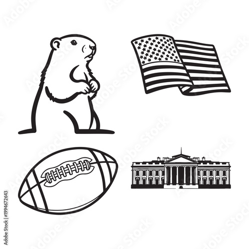 Black and white illustration of labor day icons on white background