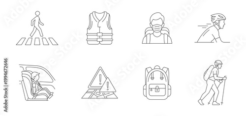 Travel safety thin line icon set. Transportation and personal protection outline icons. Editable stroke. Vector illustration.	