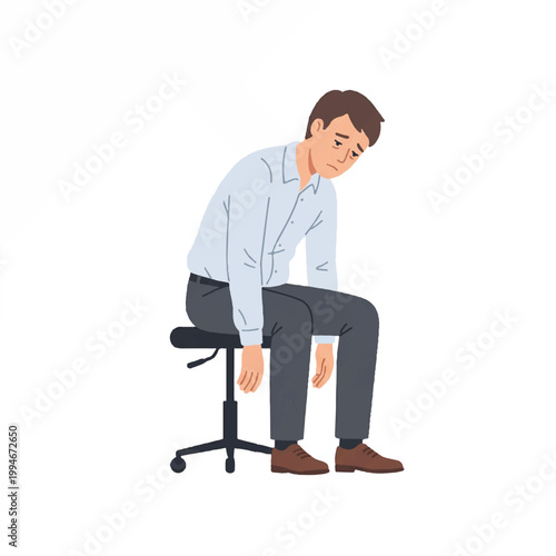 Anxious young businessman sitting on a rolling office chair with his head down in a simple white background.