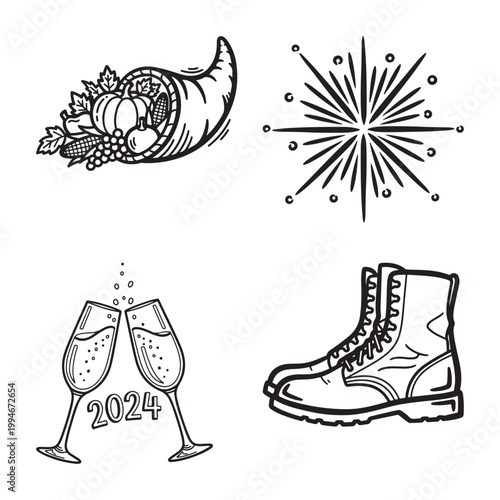 Black and white illustration of groundhog, american flag, football, and white house isolated on white background