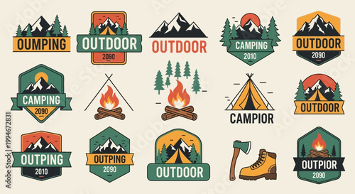 Collection of outdoor adventure and camping badges and stickers.