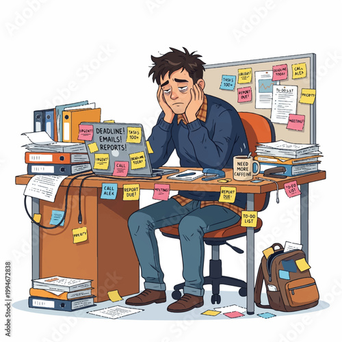 Illustration of a stressed young man sitting at a cluttered desk with papers and notes, rubbing his temples in frustration.