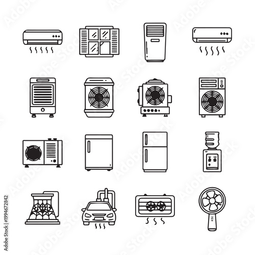 Air conditioning units and cooling devices icons in a clean outline style