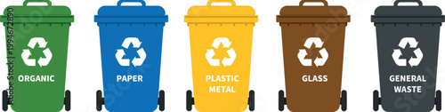 Recycling Bins Set – Glass, Paper and Plastic Waste Sorting Illustration