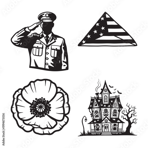 Memorial symbols with heart, soldier, tombstone and american flags isolated on white background