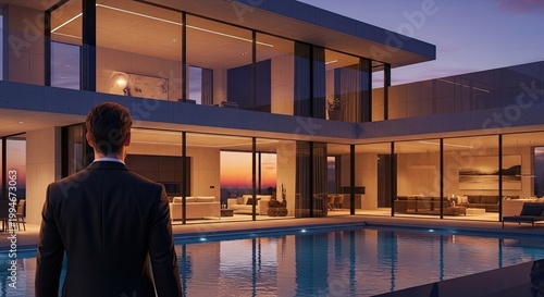 Businessman looking at luxury villa with pool at sunset
