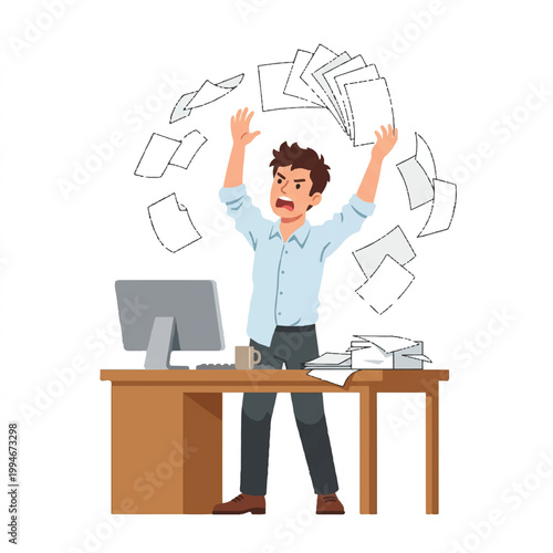 A stressed businessman throwing papers in the air at his desk with a computer and coffee cup on a wooden table in a chaotic office setting with a frustrated mood.