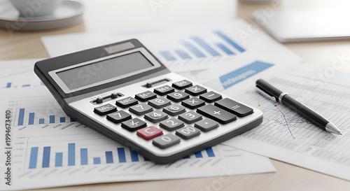 Calculator on financial documents office desk.
