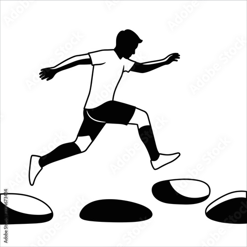 A person jumping across stones for use in outdoor adventure blogs, travel guides, or fitness activity presentations. The bold silhouette design adds a sense of dynamic movement and adventure.