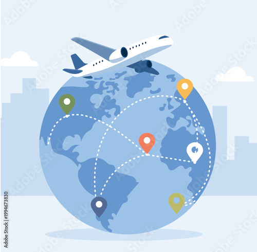 Global Delivery and Travel Illustration – Airplane Flying Around Earth