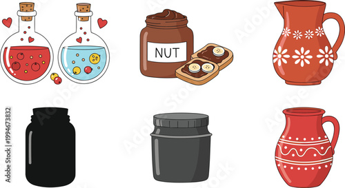 Nut butter jar, decorative ceramic pitchers and potion bottles with love elixir liquids cartoon vector illustration set