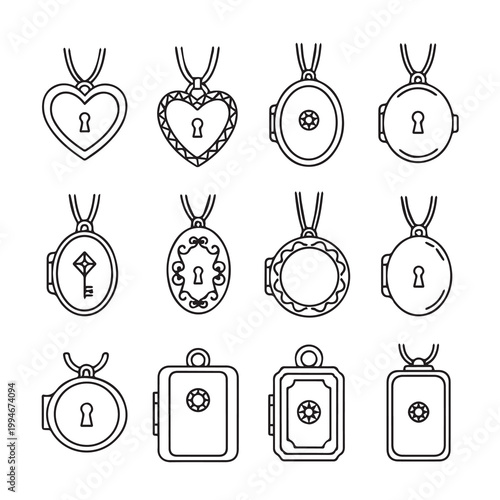 Assortment of vintage lockets and lock and key pendants in a clean line art style
