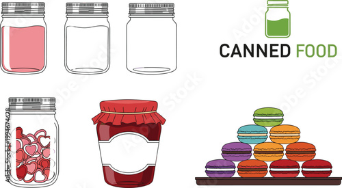 Glass jar collection with canned food containers, jam jar label template and colorful macarons dessert vector illustration set
