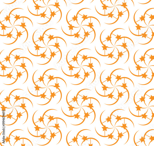 Orange celestial seamless pattern with stars and crescent moons, geometric astronomical vector background, repeating sunburst galaxy wallpaper