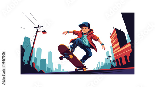 skateboarder in urban cityscape vector illustration