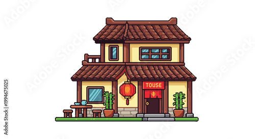 A charming vector illustration of a two-story traditional Chinese teahouse with brown tiled roofs, a red lantern, and bamboo plants.
