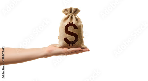 Hand holding a burlap sack with dollar sign
