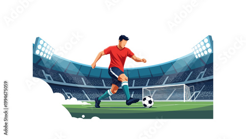 Soccer Player Kicking Ball in Stadium Vector Illustration