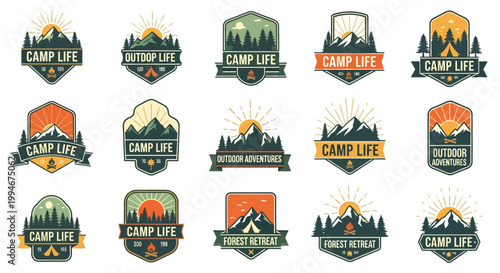 Collection of camp life and outdoor adventure badges and labels.